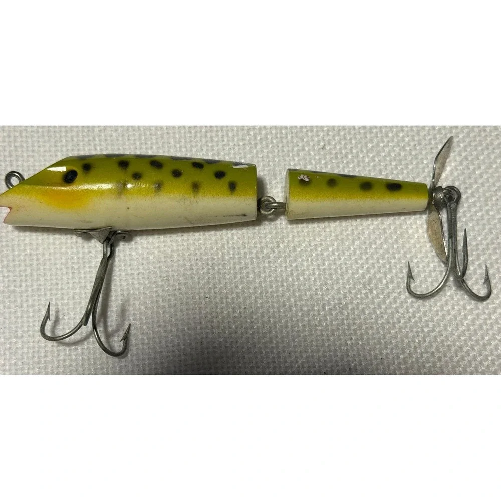 Vintage Jointed Wood Fishing Lure Yellow Green Spotted Propeller Bait NB042
